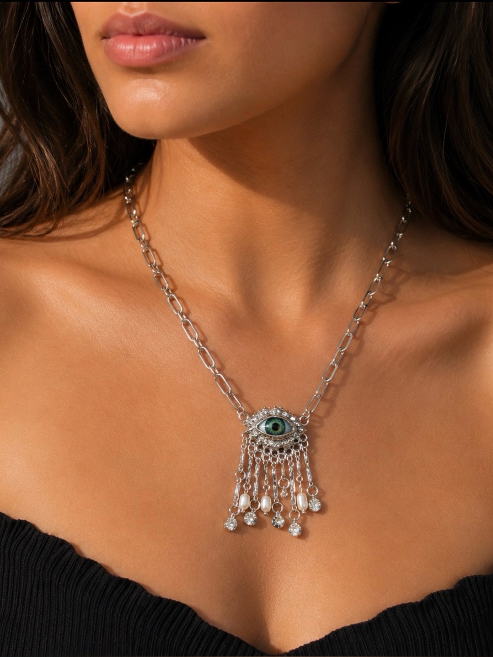 16” Silver Eye Pendant Statement Necklace with Green Accent
